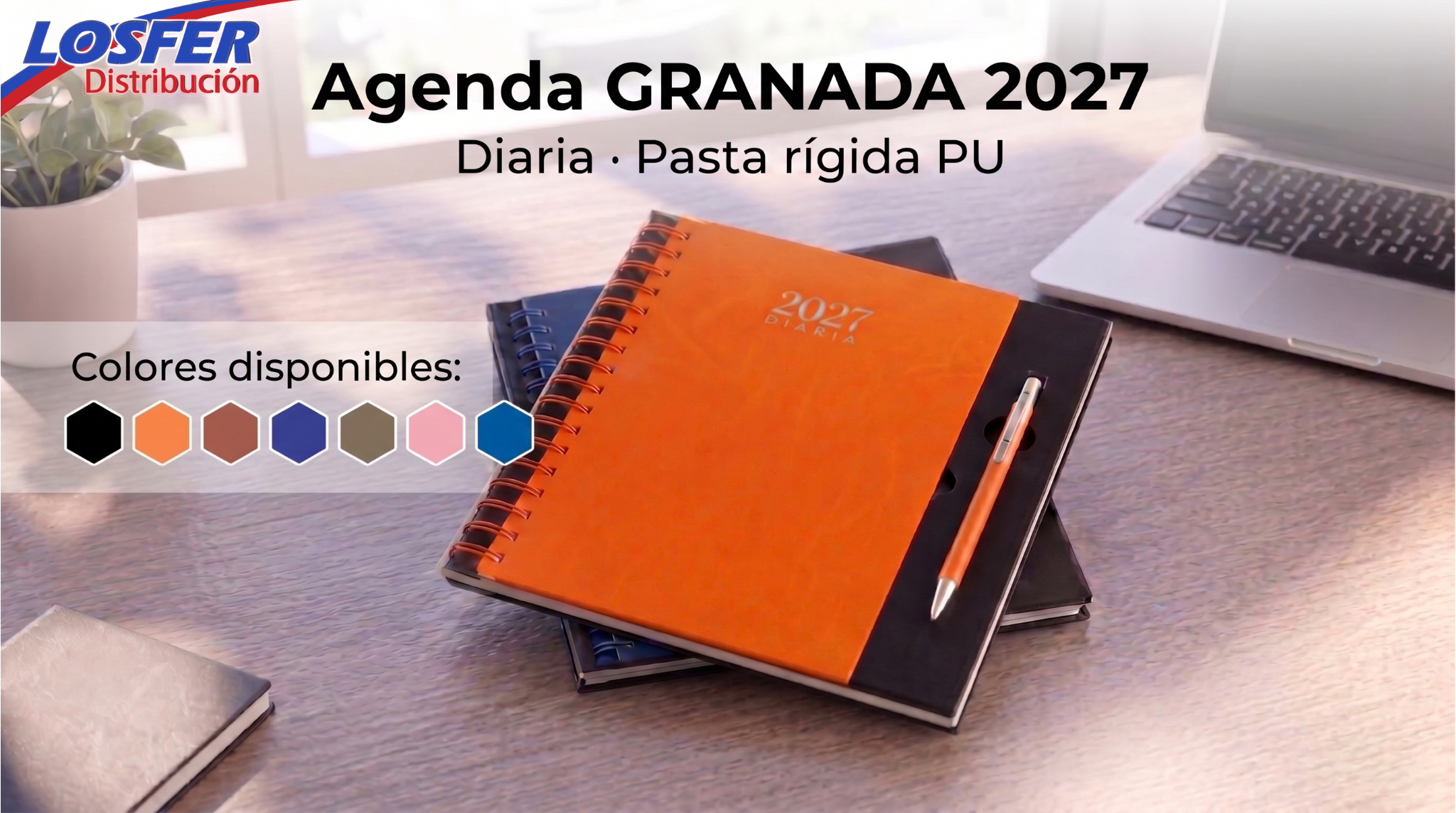 Agenda diaria Granada 2027 de pasta rigida con boligrafo de aluminio